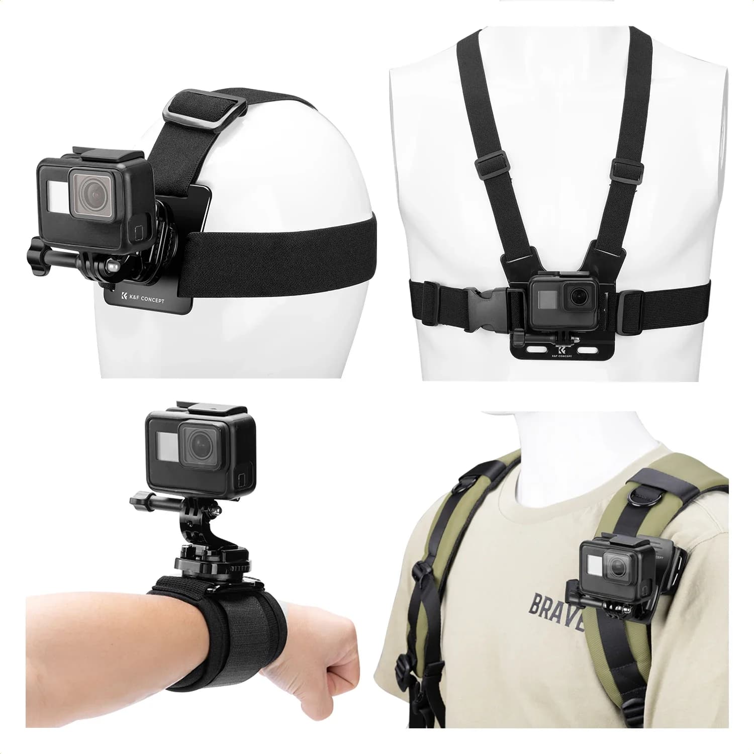 K&F CONCEPT 5 in 1 Pneumatic Strap Clips for Backpack Head and Wrist Strap for GoPro Hero DJI Osmo Action 5 and Pocket Insta360 Kit Accessories