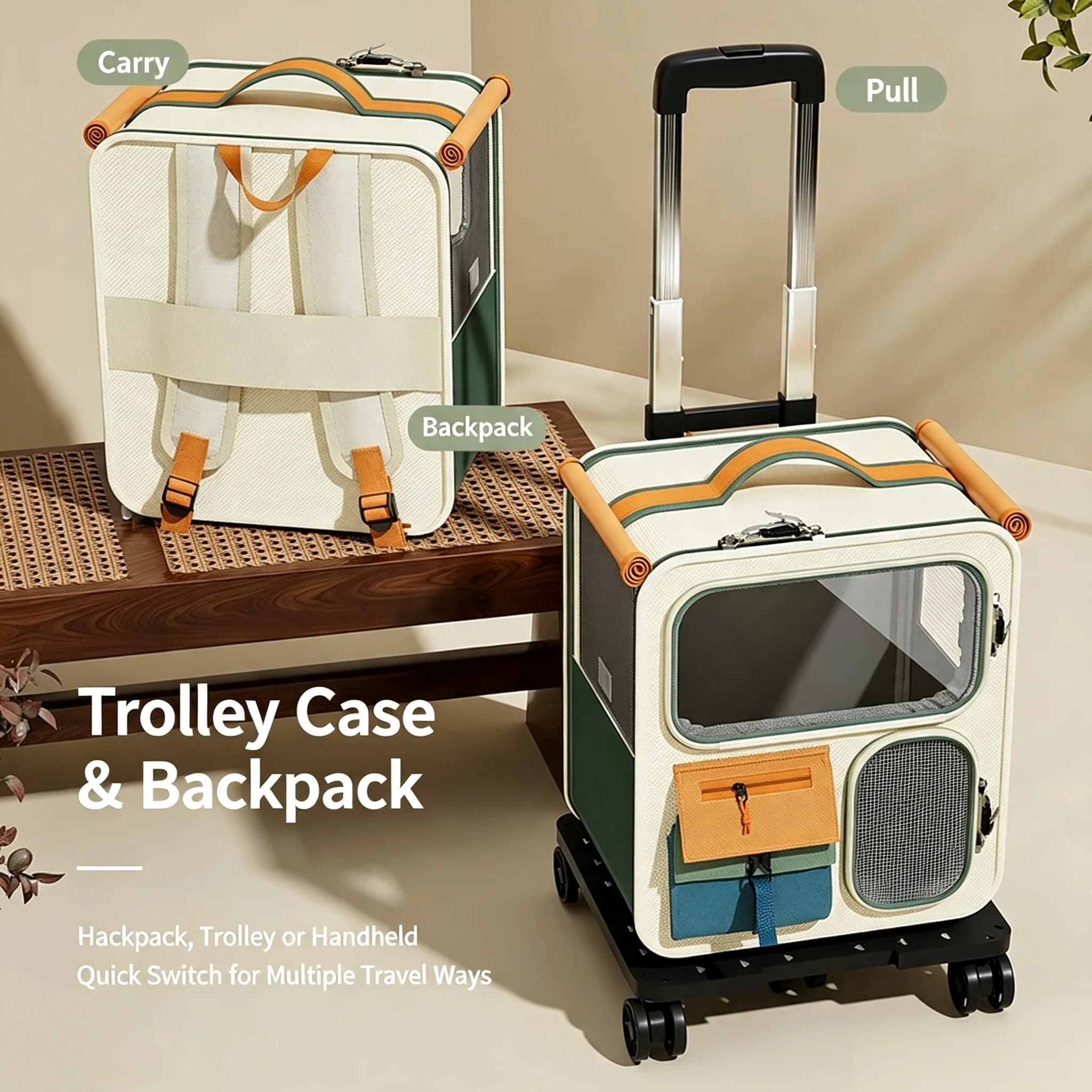 Multifunctional Pet Carrier Trolley Bag Rolling Backpack Handheld Breathable Cat Travel Bag with Silent 360° Wheels for 2 Cats