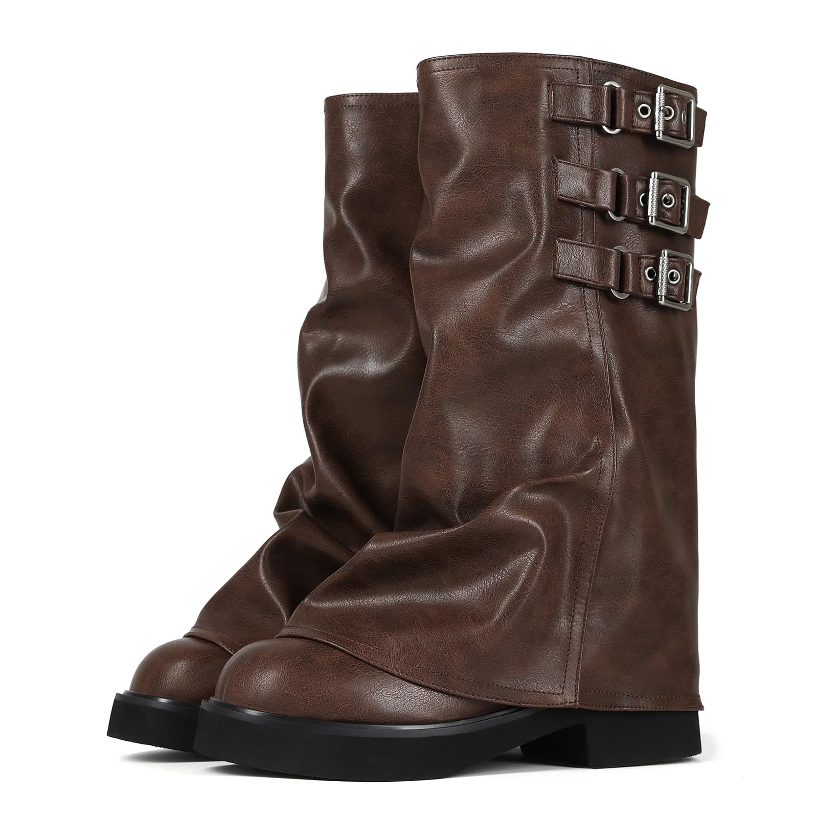 Stivali da donna alti al ginocchio stile western slouchy con tripla fibbia, punta tonda, plateau spesso e tacco a blocco, stile biker e cowgirl, punk