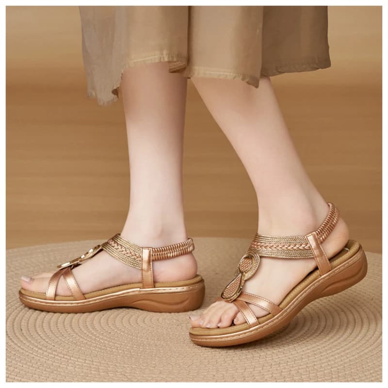 Womens Metallic Braided Elastic Ankle Strap Gold Accent Comfortable Wedge Heel Breathable Insole Summer Beach Walking Shoes