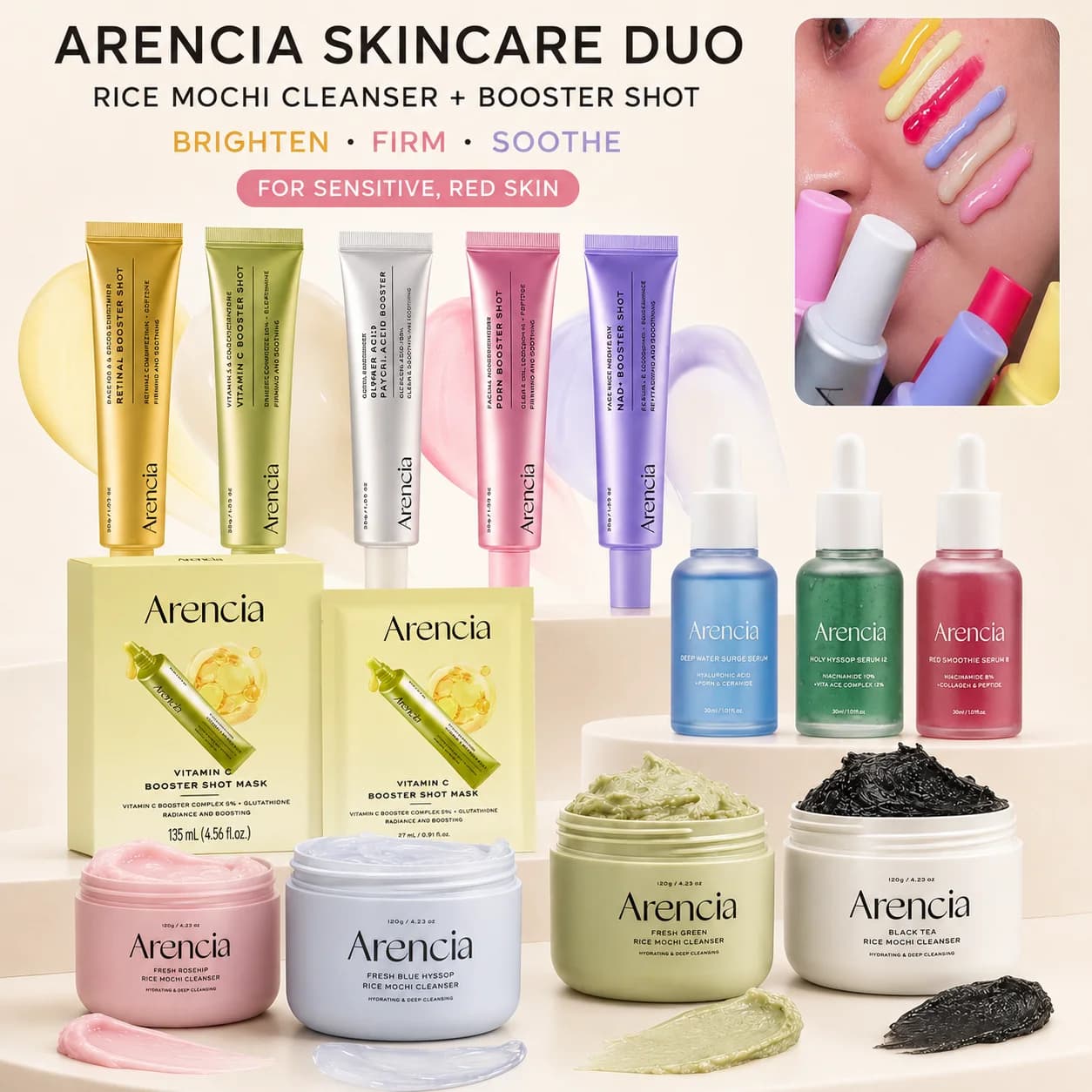 Arencia Skincare - Fresh Green Rice Mochi Cleanser, Vitamin C Retinal Eraser Booster Shot, Red Collagen Hyssop Glow Serum Bright