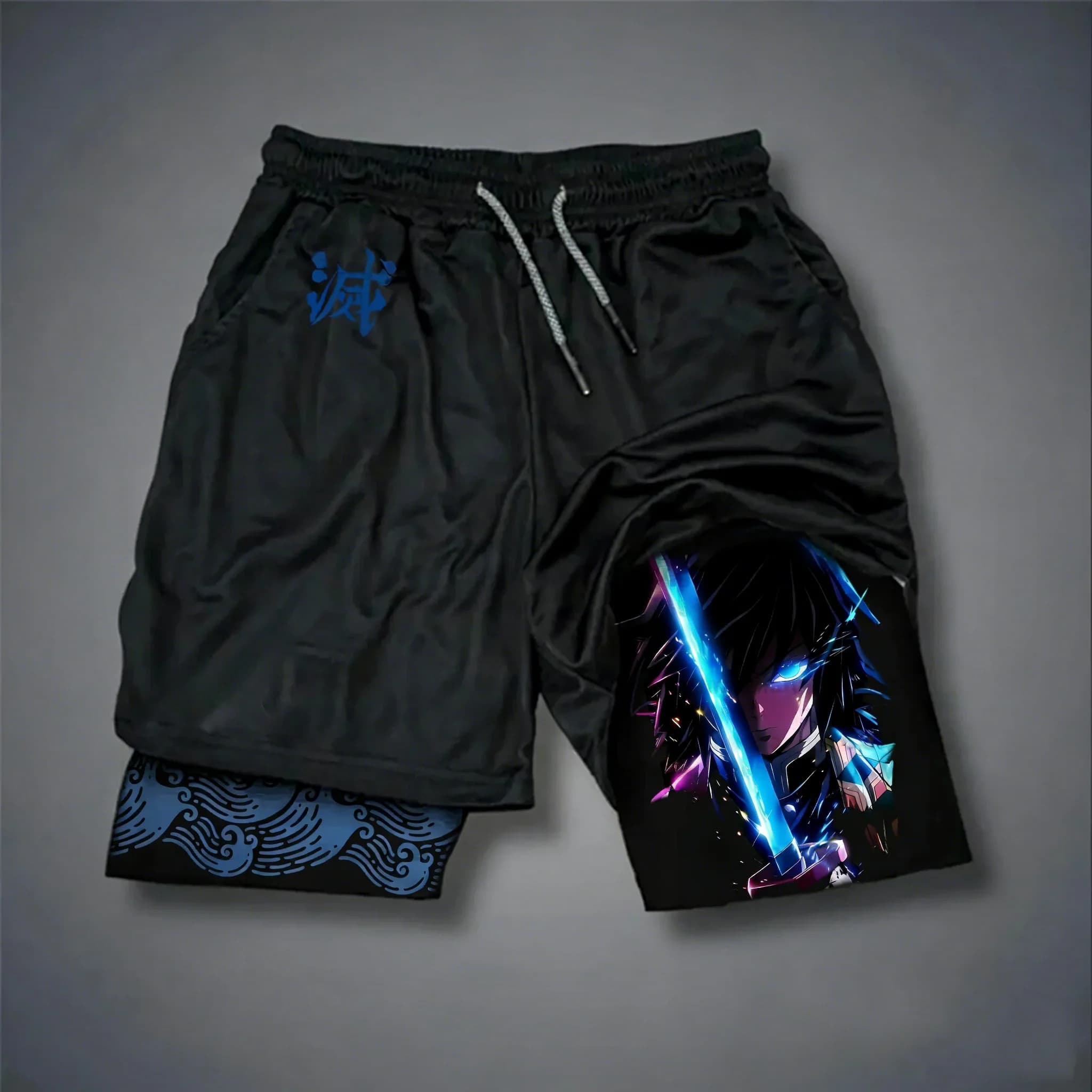 Men's Summer Shorts Demon Slayer Tomioka Giyuu Sports Shorts 2 in 1 breathable with anime print, racing, football, fast drying