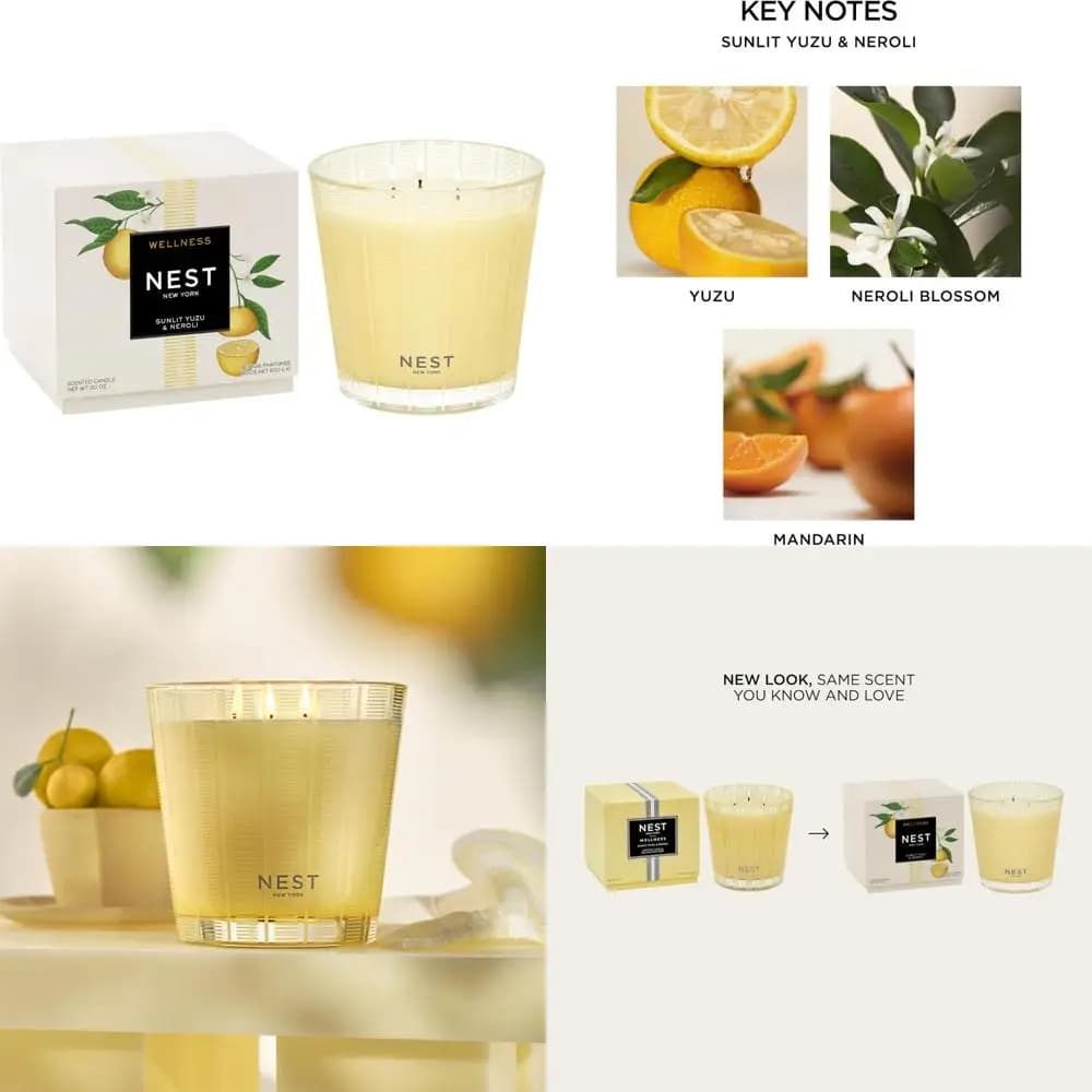3 wick scented candle, Sunlit Yuzu and Neroli perfume, 21,2 ounces, 100-hour burning duration, reusable glass container, long-lasting aromater