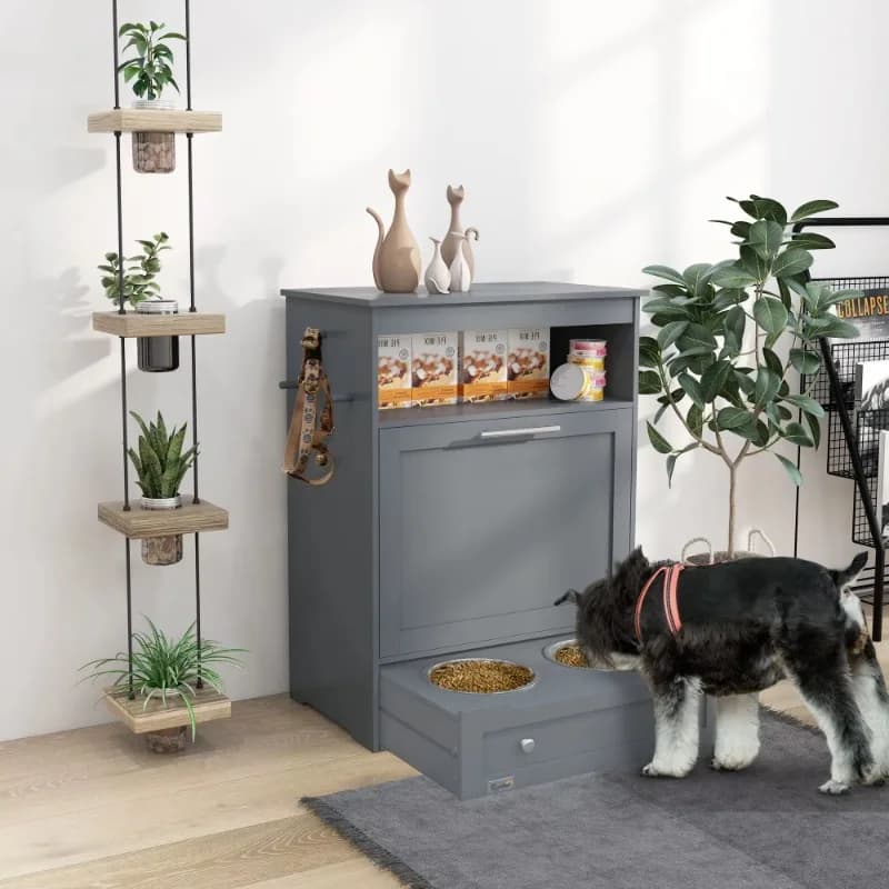Gray Storage Cabinet Pet Feeder Station Dog Food Container with Elevated Dog Bowls and Watering Supplies
