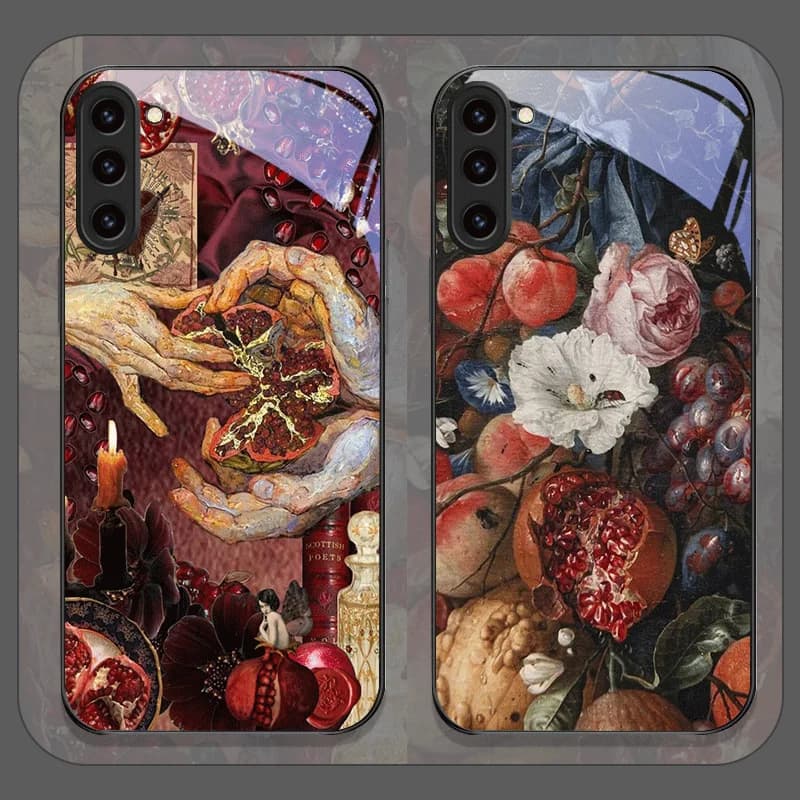 Luxurious Pomegranate Flower Pattern Tempered Glass Phone Case for Samsung Galaxy S25 Ultra S24 S23 Plus S22 S21 S20 FE 5G Cover