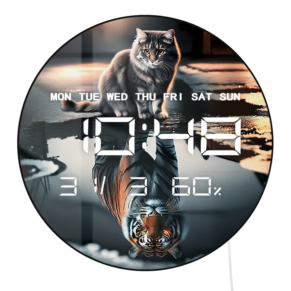 Orologio da Parete Digitale LED con Riflessione Gatto/Tigre, Calendario, Data, Temperatura, Dimmerazione Automatica, Formato 12/24 Ore