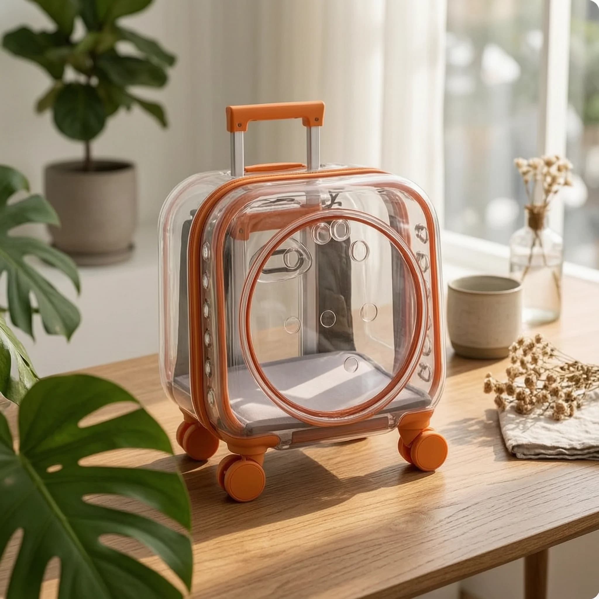 Rolling Pet Carrier Transparent Pet Carrier with Wheels Portable Breathable for Travelers, Travel, Vet Visits