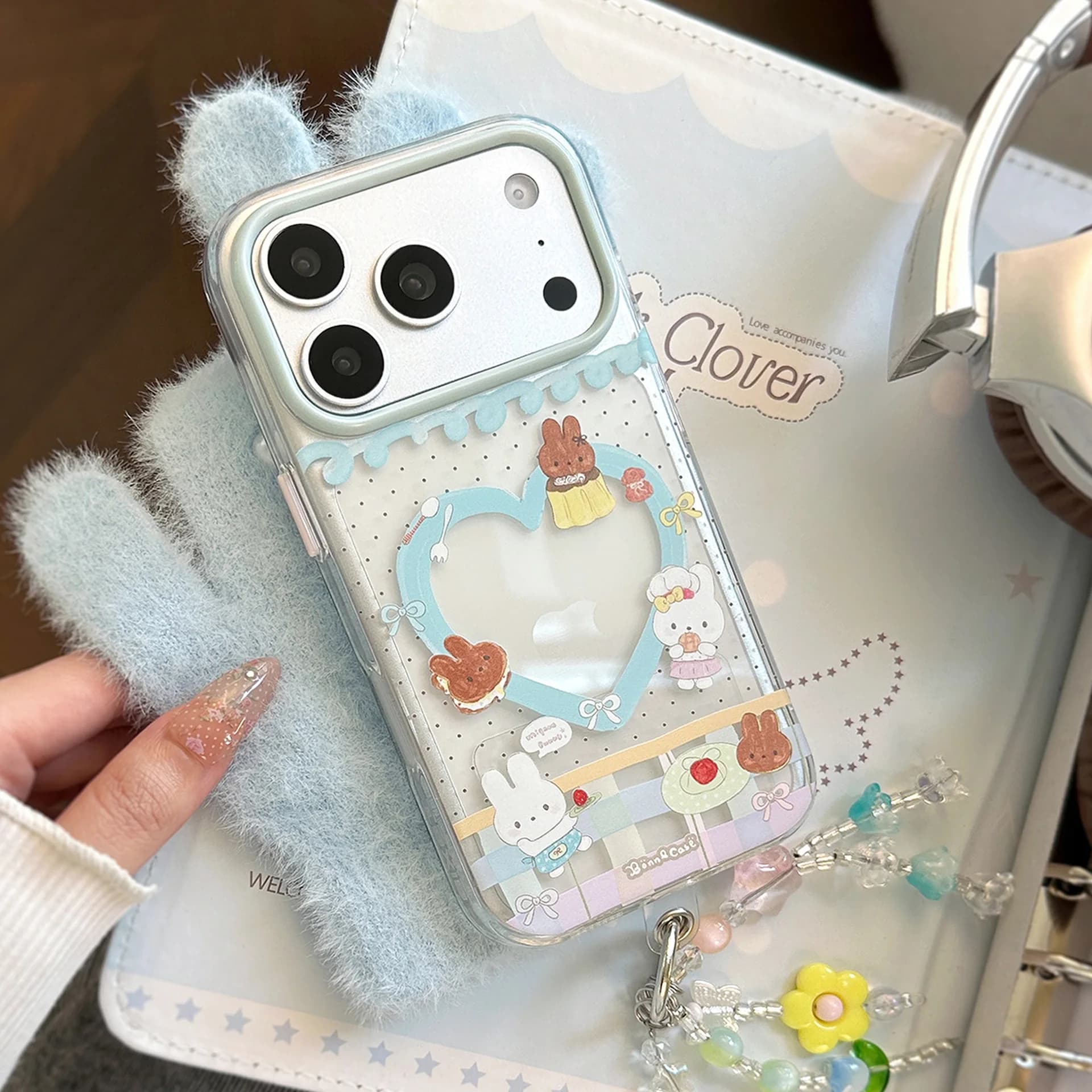 Korean Polka Dots Cartoon Hollow Out Love Heart Clear Phone Case for iPhone 17 16 15 14 Pro Max With Chain Shockproof Soft Cover