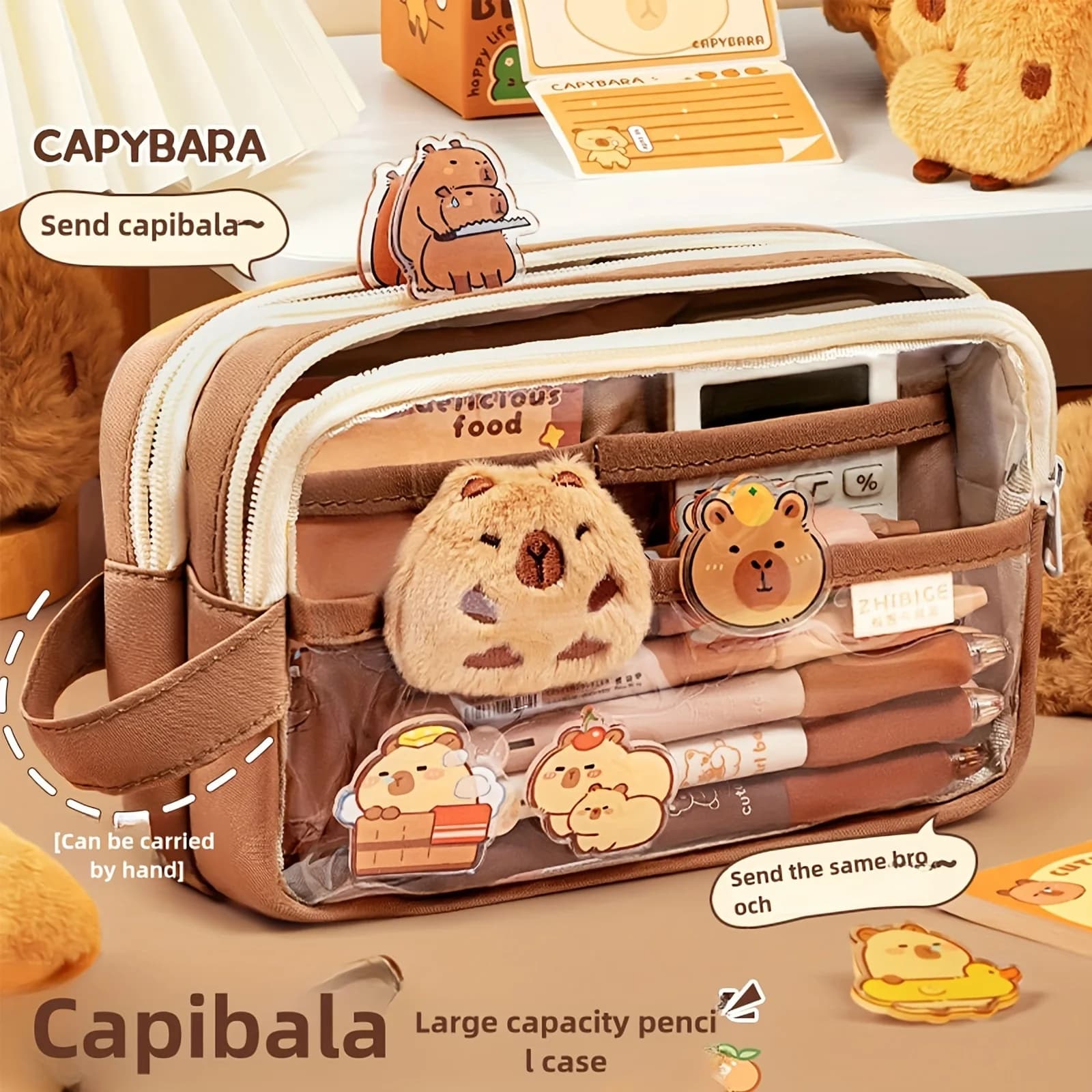 Astuccio per matite con lucchetto a forma di capibara - Elegante astuccio in tela Kawaii, organizer trasparente per articoli scolastici con scomparti, include