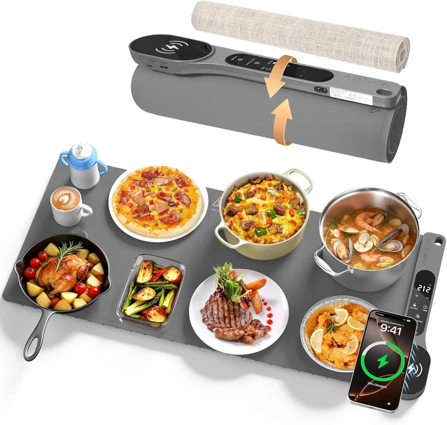 Tappetino Scaldavivande Extra Large 34x15 con Caricatore Wireless, Riscaldamento Rapido, 7 Livelli di Temperatura e Timer per Buffet e Feste
