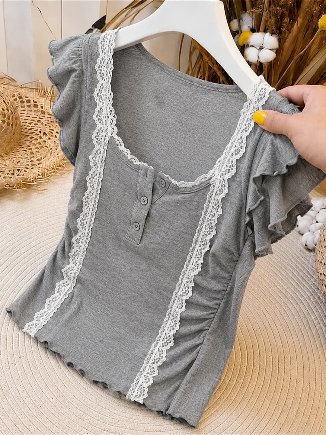 Elegant Korean Style Lace Splice Commute Top Women's Sweet Summer T-Shirt round Neck Short Sleeve Floral Hoodie