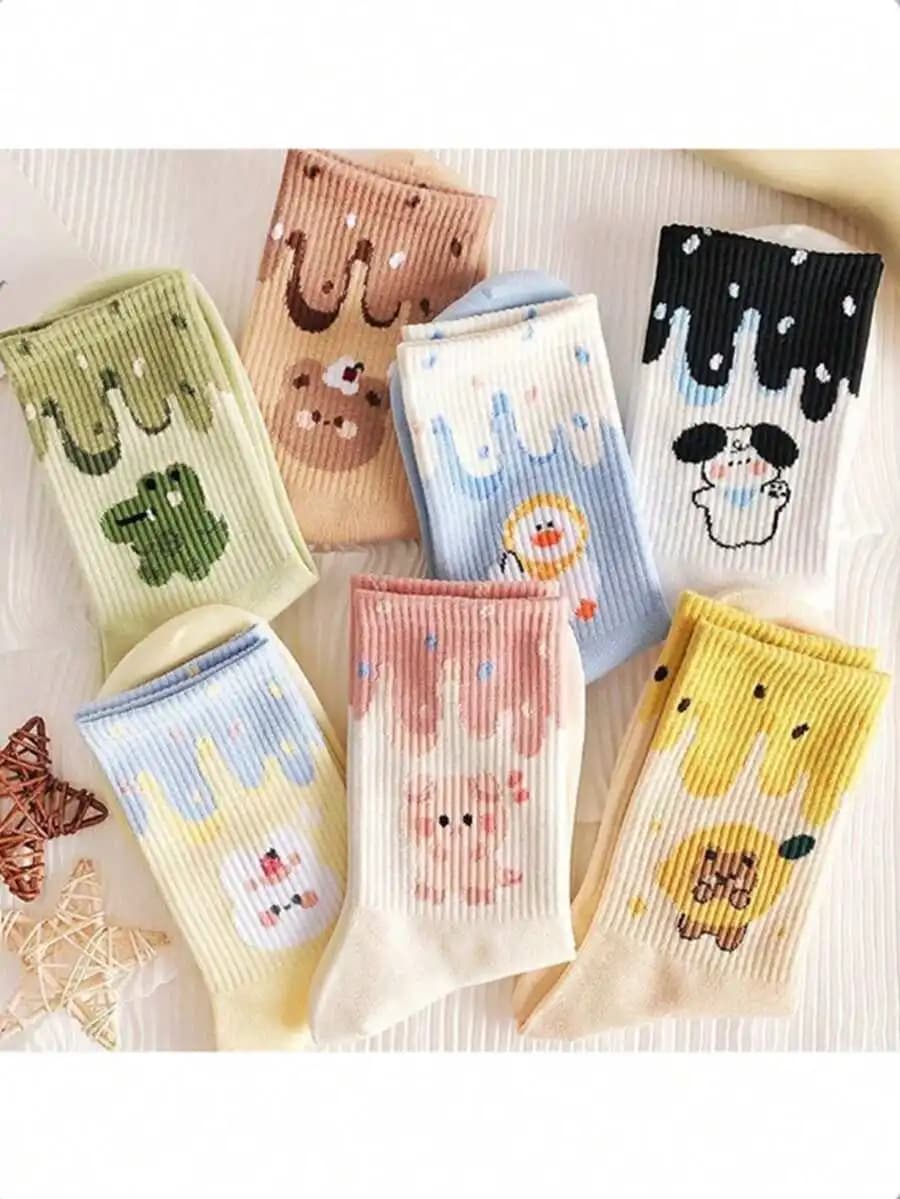 7 Pairs Women Mid-Calf Socks Fall Winter Cute Cartoon Print Daily Wear
