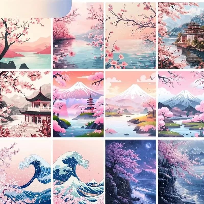 Scenery Painting By Numbers Oil HandPainted Acrylic Paint Sakura Pagoda Home Decors Adults Crafts On Canvas DIY Gift