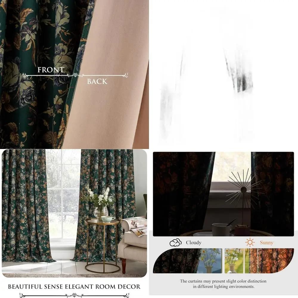 Luxurious Green Velvet 90 Floral Curtains with Insulating Auction Pocket, L52 x P90, Set of 2 Bedroom Panels and Slide Door