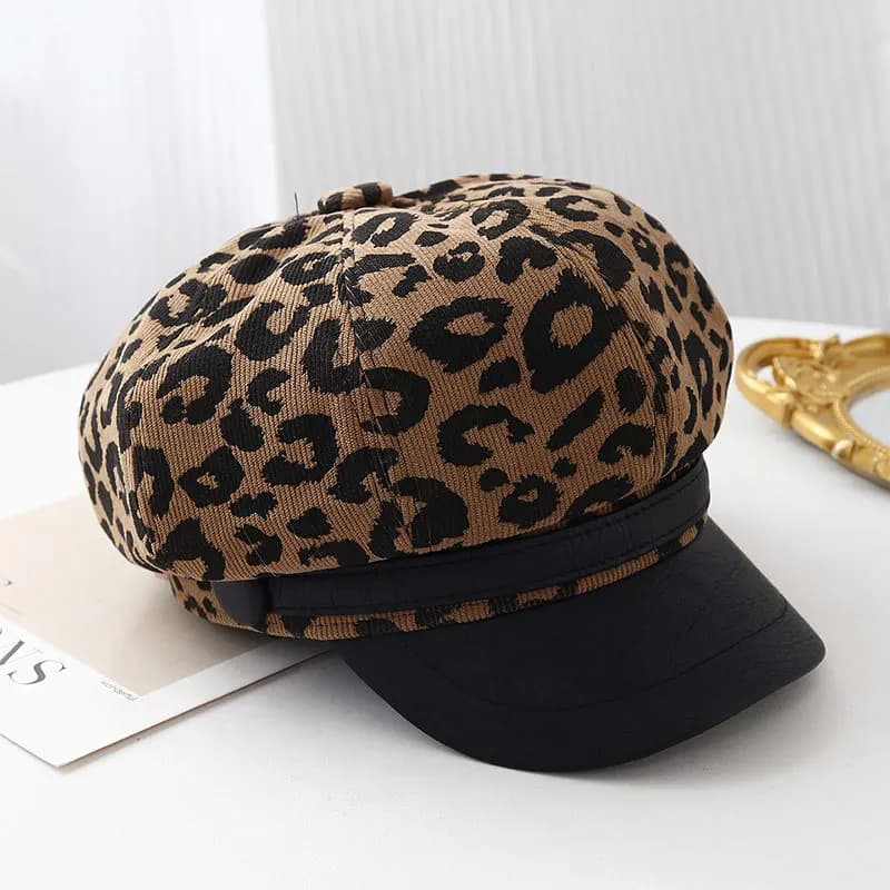 Retro Leopard Print Wide Brim Beret Vintage Painter Cap Hats Women Bucket Hat Soft Top Newsboy Caps
