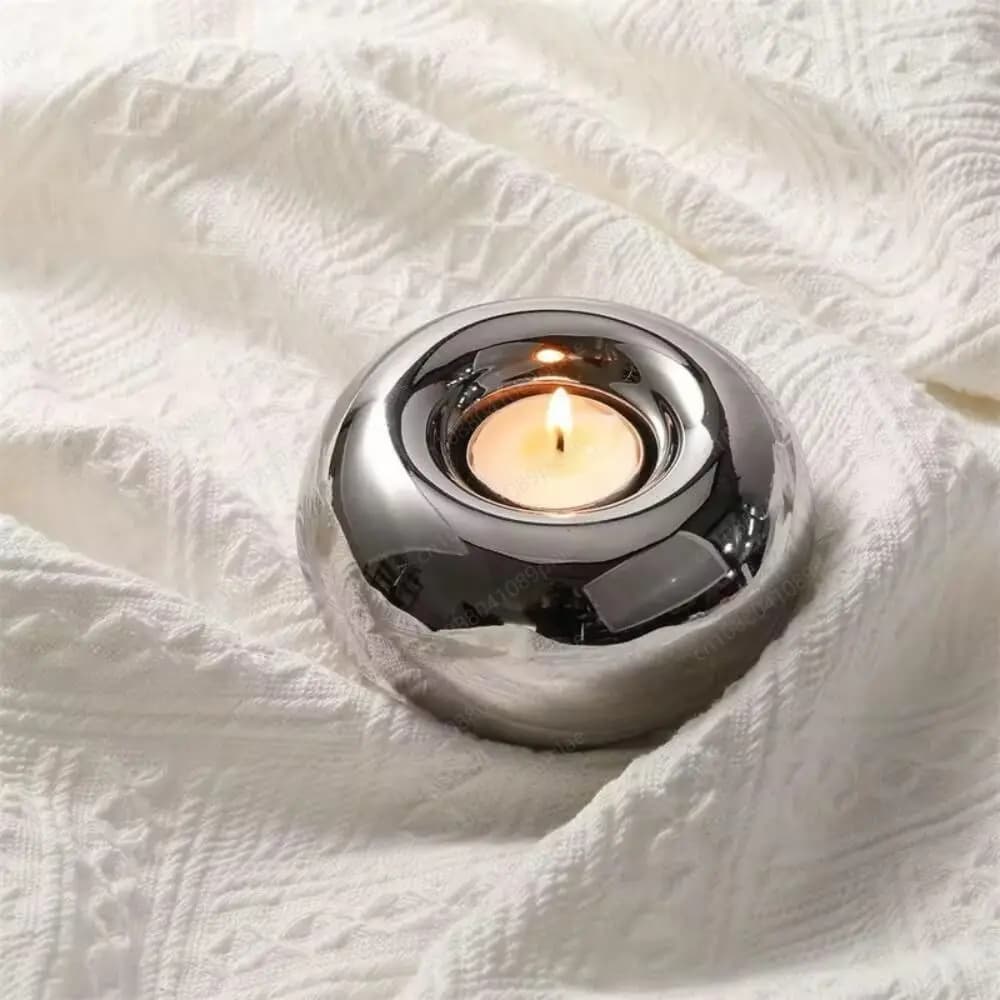 Portacandele in Ceramica Elettroplaccata Moderno, Supporto Rotondo per Candele Argentato, Decorazione da Tavolo