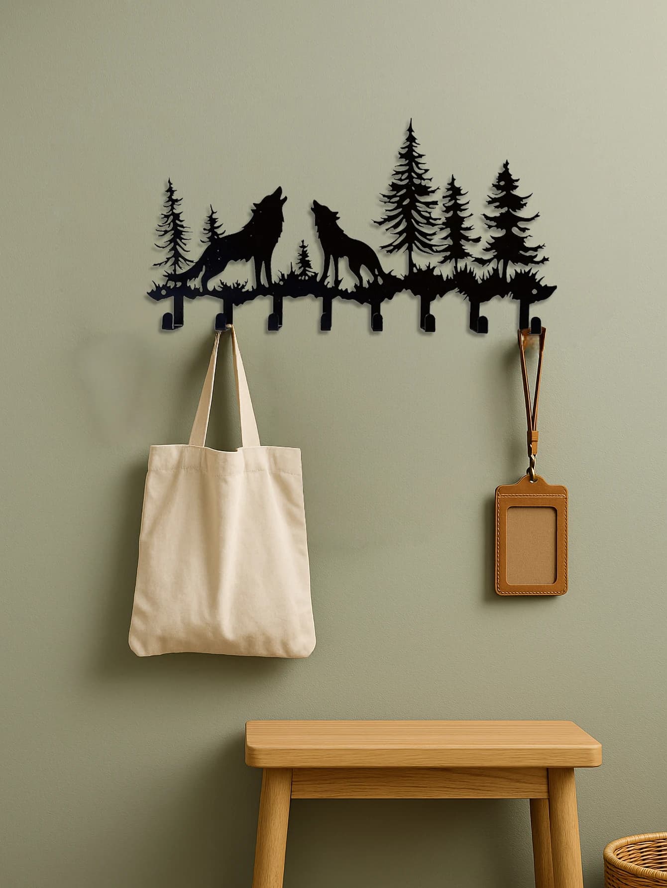 Wolf Wall Art Keychain with 8 hooks and organizer for rustic entrance scarves