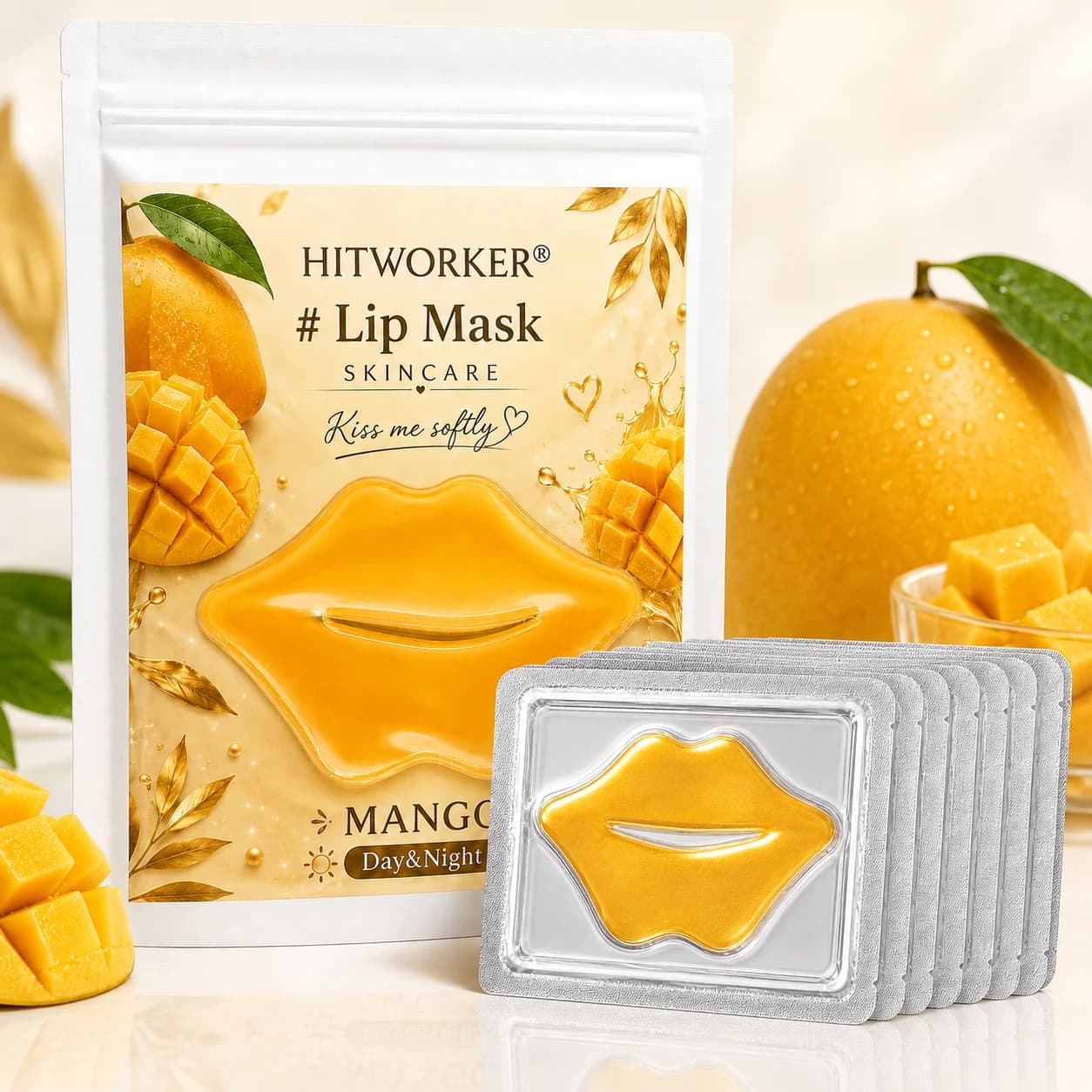 10Pcs Mango Lip Skincare Masks, Soft-Touch Lip Care Patches for Daily Beauty Routine, Day & Evening Self-Care and Travel