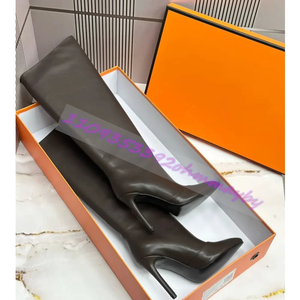 Women'S Brown Stiletto Over-The-Knee Boots Pointed Toe Faux Leather Slip-On Long Boots Minimalist Party Clubwear Winter Shoes