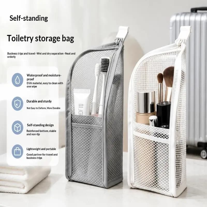 [CO]Breathable Mesh Travel Toiletry Bag With Stand Up Design Storage Pockets Makeup Brush Storage[CO]
