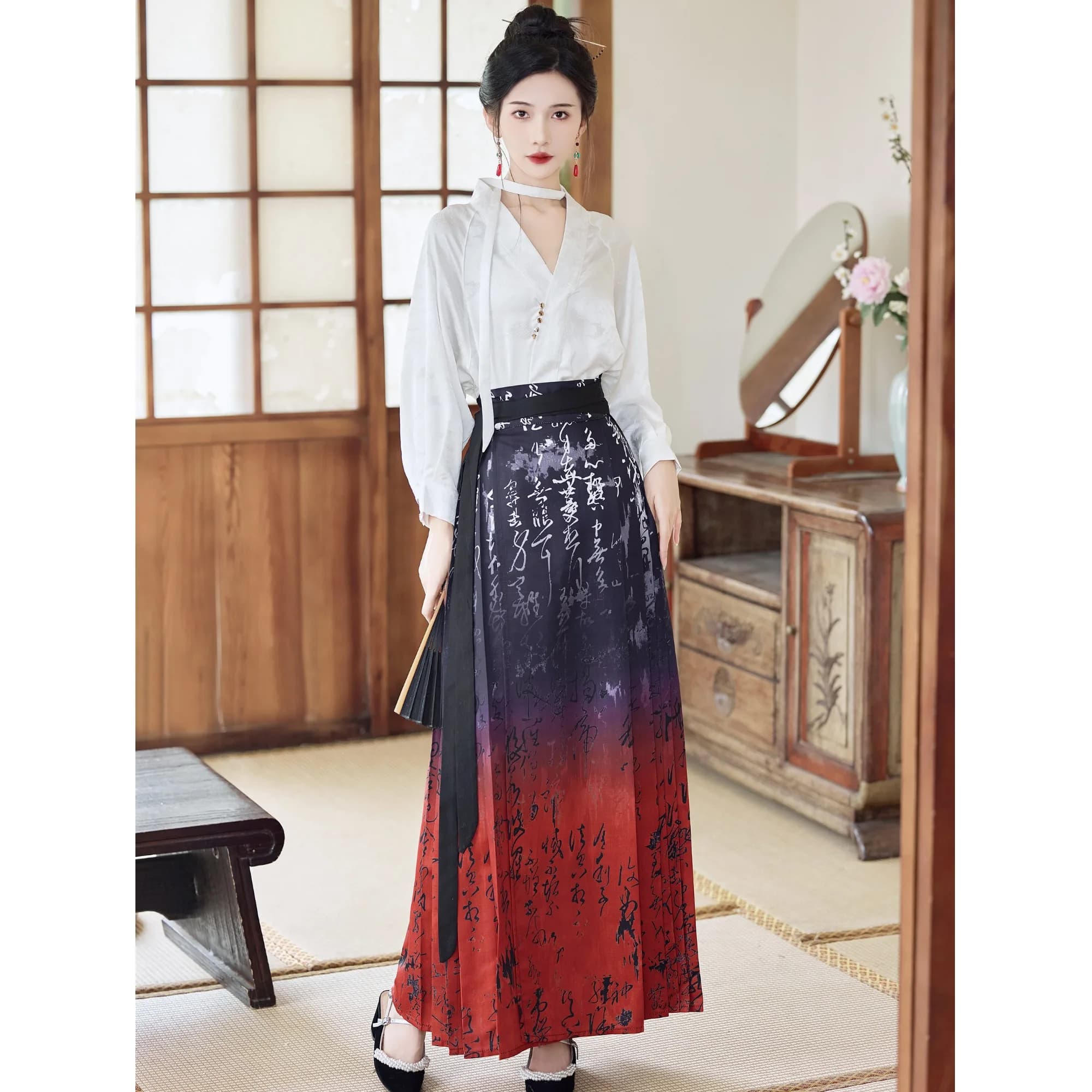 Autumn Winter New Chinese Style Calligraphy Print Half Skirt Embroidery Versatile Shirt Set Fashionable And Elegant Women's C...