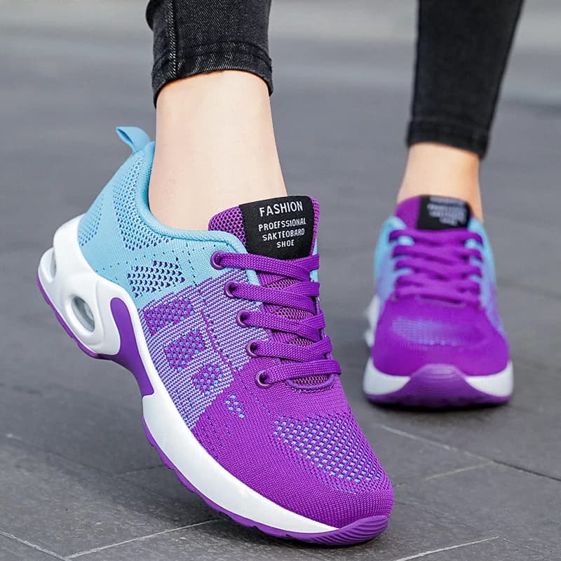 Sneakers da donna con cuscino d'aria colorblock viola e blu, scarpe sportive leggere in rete traspirante