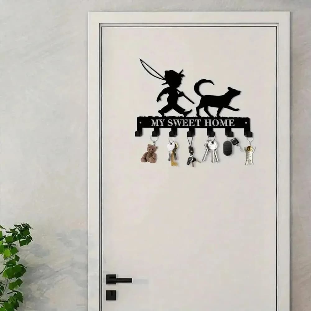 CIFBUY Wrought Iron Key Holder with Dog Boy Silhouette, Laser Cut Wall Mounted 7 Hooks Entryway Organizer for Sweet Home Decor P