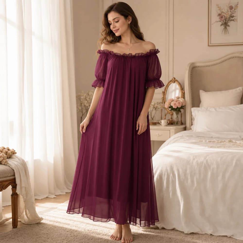 Home Dress Off Shoulder Sheer Nightgown Ruffle V-neck Ladies' Nightwear Short Sleeve Transparent Long Sleeping Dress Lounge