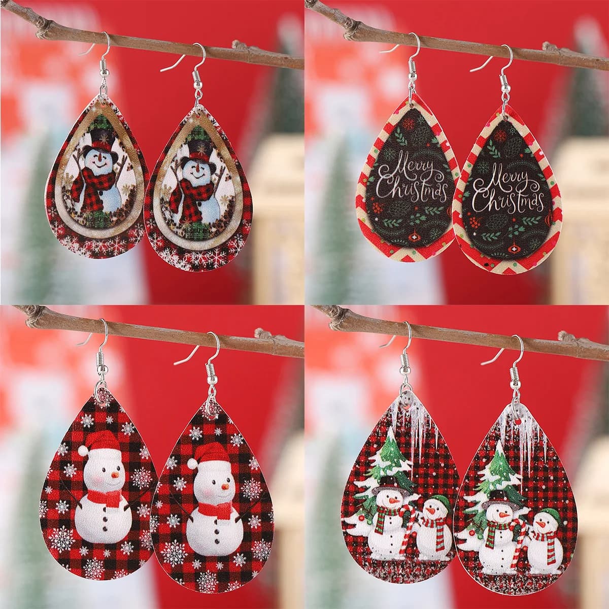 nuovi orecchini pendenti con goccia d'acqua scozzese con pupazzo di neve invernale di Natale, orecchini bifacciali in pelle PU