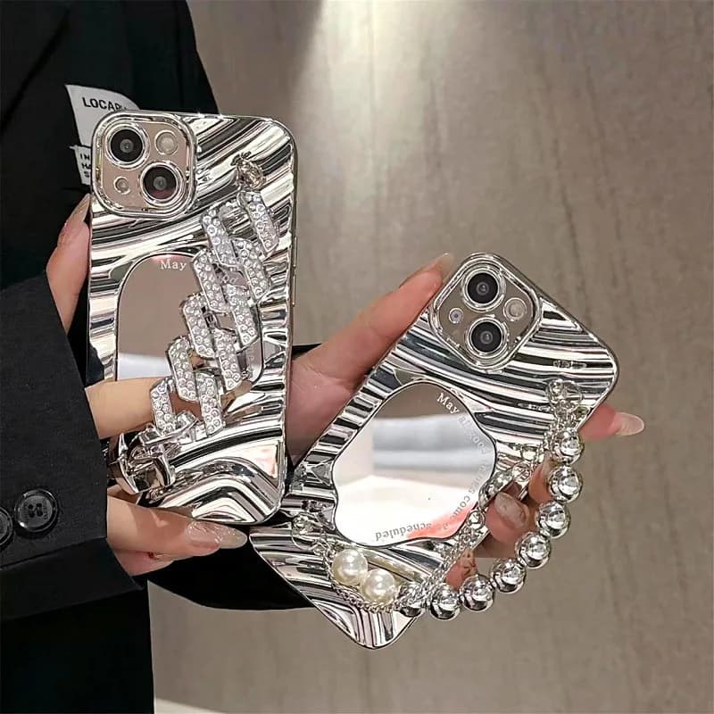 Protective Case INS Korean Style with Corrugated Mirror and Bracelet for iPhone 16 15 14 13 12 11 XS XR Pro Max Plus