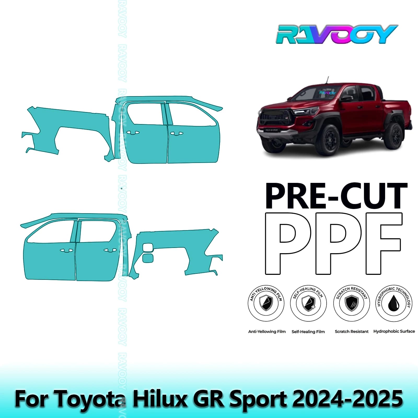 For Toyota Hilux GR Sport 2024-2025 8.5mil Transparent Pre-Cut PPF Door and Pillar A/B Kit TPU Paint Protection Film Set