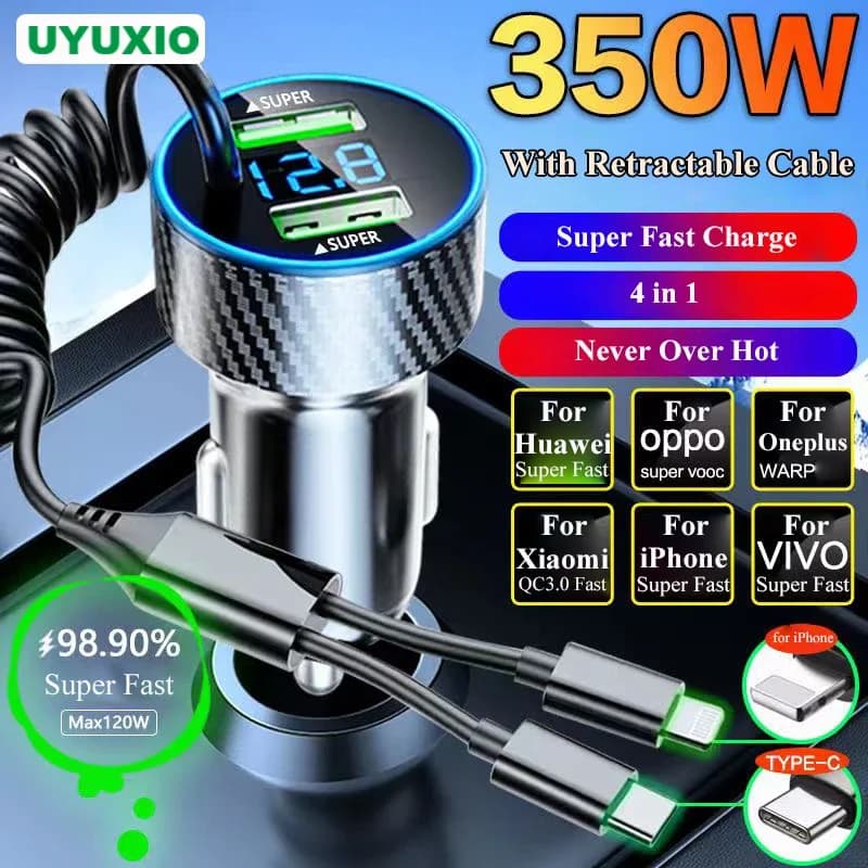 UYUXIO Adattatore per caricabatteria per telefono da auto USB 4 in 1 con display di tensione del cavo da 3,3 piedi Ricarica super veloce per iPhone 16 15 Pro Max Samsung