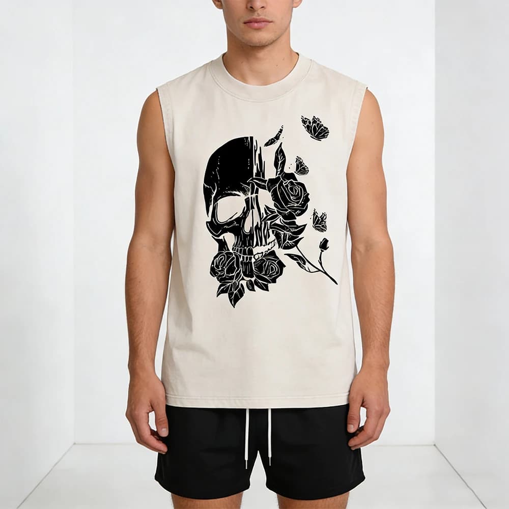 Men's Casual Outfit: Black Canotta Vintage Effect Washed and Shorts Beach to Double Drying Road with Graphic Printing Skull and Roses