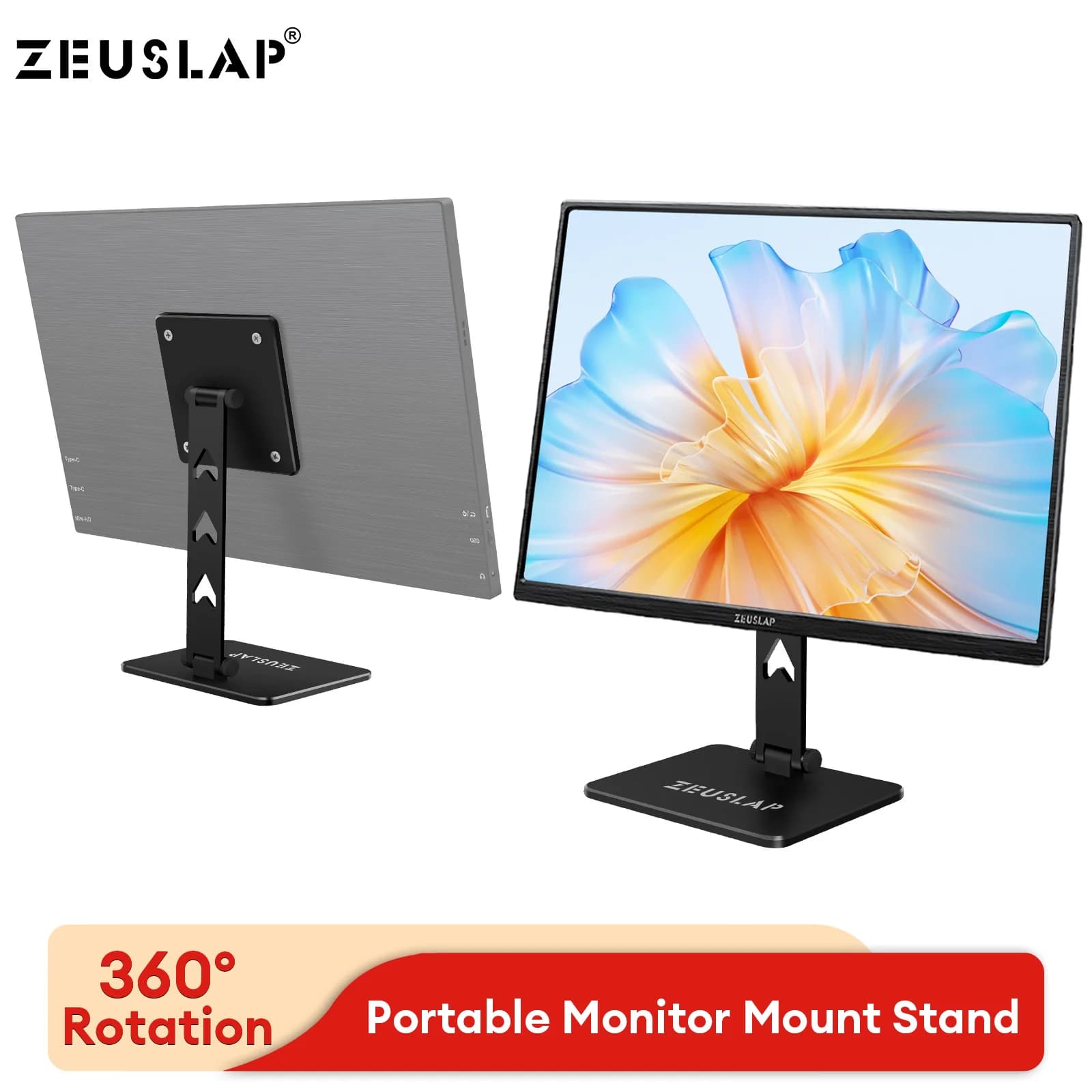 Metal table support for ZEUSLAP portable rotating monitor with VESA mounting