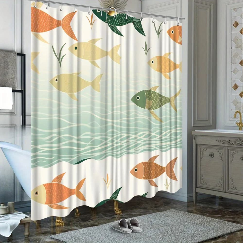 Tenda da doccia con pesci, pesce stilizzato in azzurro, stravagante minimalista, resistente allo sbiadimento, lavabile in lavatrice, arredamento per il bagno