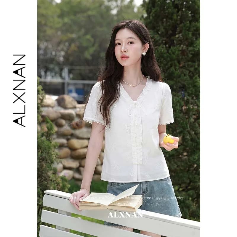 ALXNAN Women's V-neck French White T-shirt Bow Embroidery Ruffle Trim Tees Casual Summer New Female Short Sleeve Top L65785A
