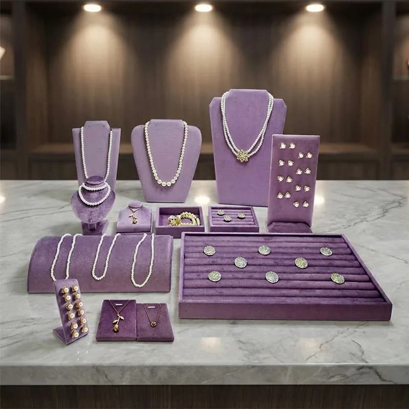 Espositore per gioielli con espositore per collane in velluto viola chiaro per vendere e spettacoli Scatola per vassoio con ciondolo ad anello