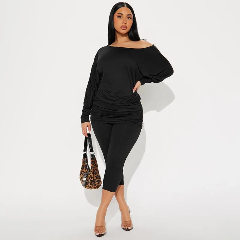 Women Solid 2 Piece Set Skew Collar Batwing Sleeve Ruched Long T-shirts Tops + Skinny Calf-length Pants Casual Streetwear Suit