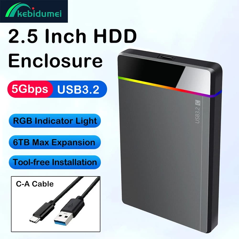 Scatola per disco rigido da 2,5 pollici USB3.2 Custodia per HDD SATA esterna portatile per strumento desktop portatile Installazione gratuita Indicatore di raffreddamento RGB