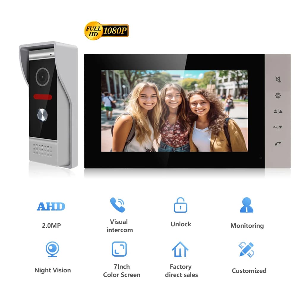 Sistema di campanello videocitofono da 7 pollici Sistemi citofonici domestici per stazione esterna antipioggia con display a colori Ahd