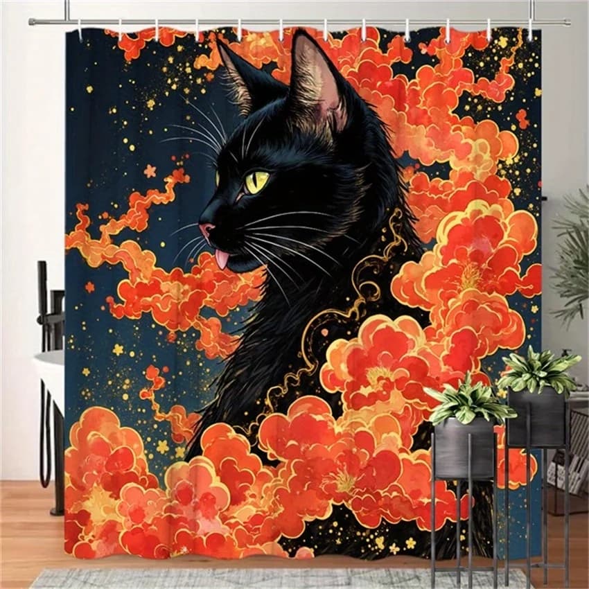 Tenda da doccia con gatto nero Notte stellata - Arte digitale eterea, pelliccia vorticosa, sfondo stellato, poliestere, 70,8x70,8", 12 ganci