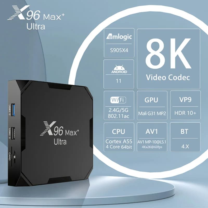 X96Max+ Ultra Smart TV Box Amlogic S905X4 Android 11 4GB RAM 64GB ROM 2.4G 5G Dual WiFi BT4.X 100M Ethernet HDMI2.0 4K UHD VP9 A