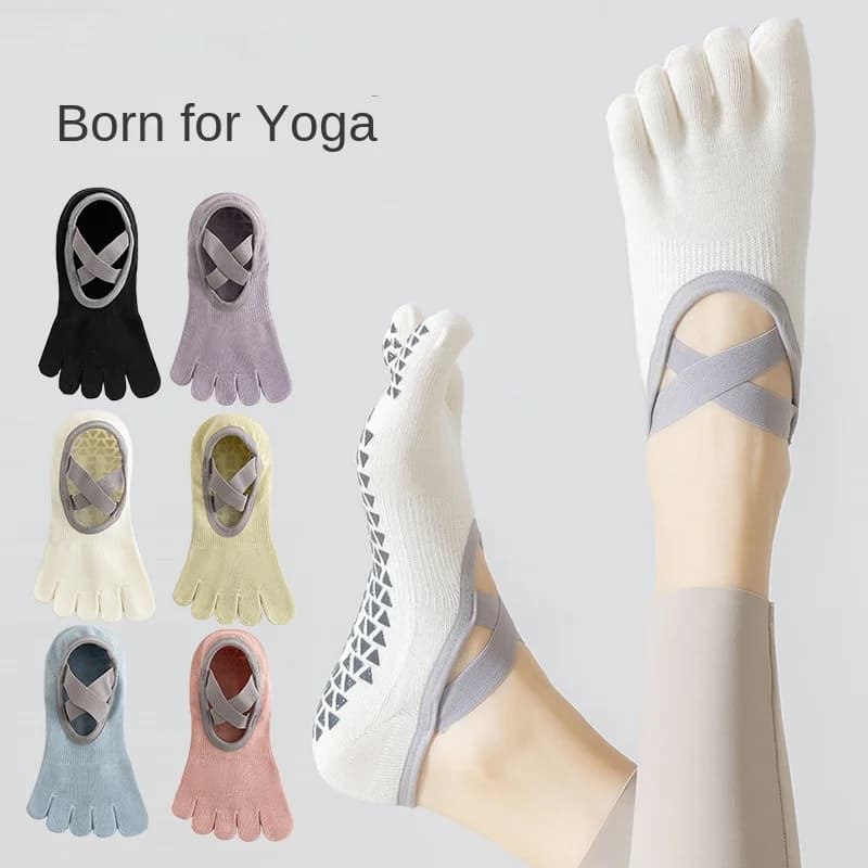 Women Non-Slip Five-Toe Yoga Socks, Breathable Mid-Calf Cotton Pilates Fitness Socks, Anti-Skid Indoor Dance & Ballet Socks