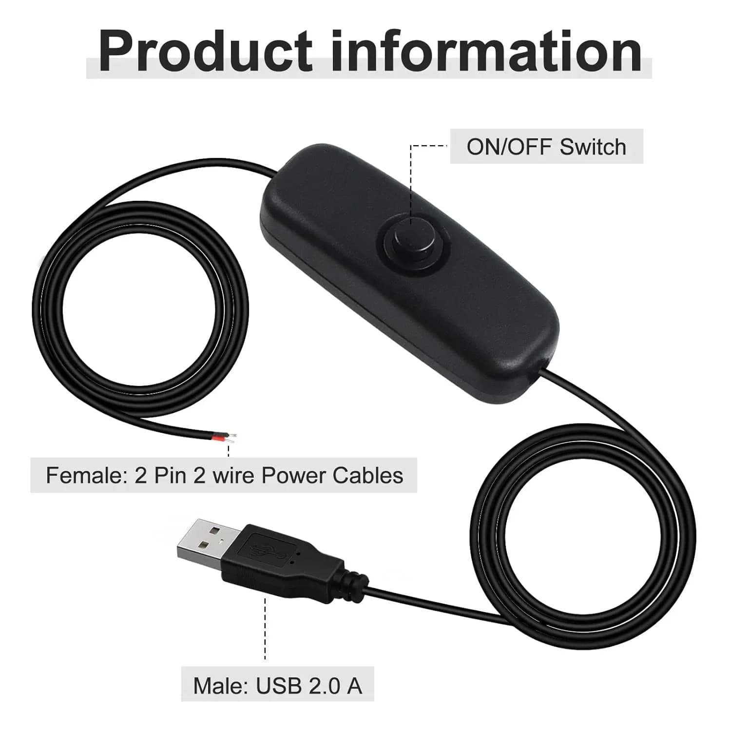 3/5FT USB 2.0 A Male Switch Extension Cable 5V 2-Pin 2-Wire Power Cord for DIY USB Fan Desk Lamp