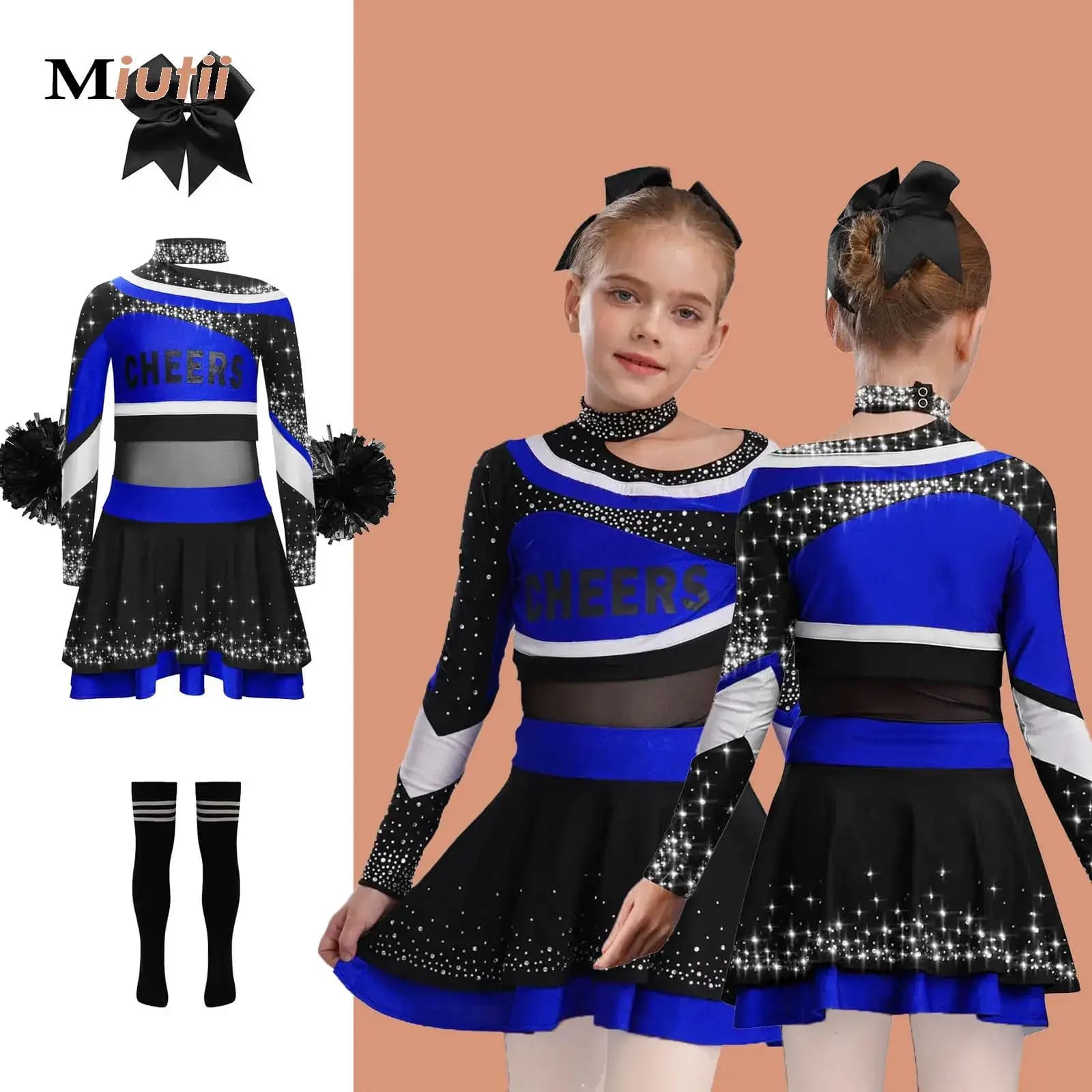 Abiti da cheerleader per ragazze Costume da cheerleader Manica lunga Top da ballo Gonne Calzini Abbigliamento da ballo Carnevale di Halloween Fancy Dress Up