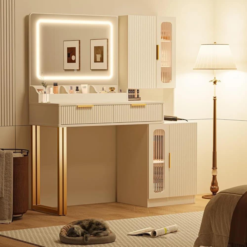 44" Modern Makeup Vanity Desk with Mirror and Lights, Makeup Vanity with 5 Shelves& 2 Drawers and Cabinet, Customized