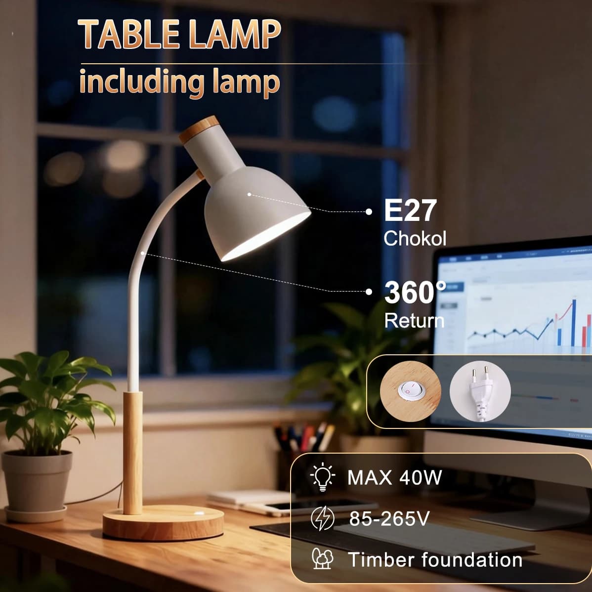 Lampada da tavolo a LED con attacco E27, luce da lettura, lampada da scrivania a LED con lampadina sostituibile, lampade da comodino, luci per libri, per camera da letto, ufficio, studio.