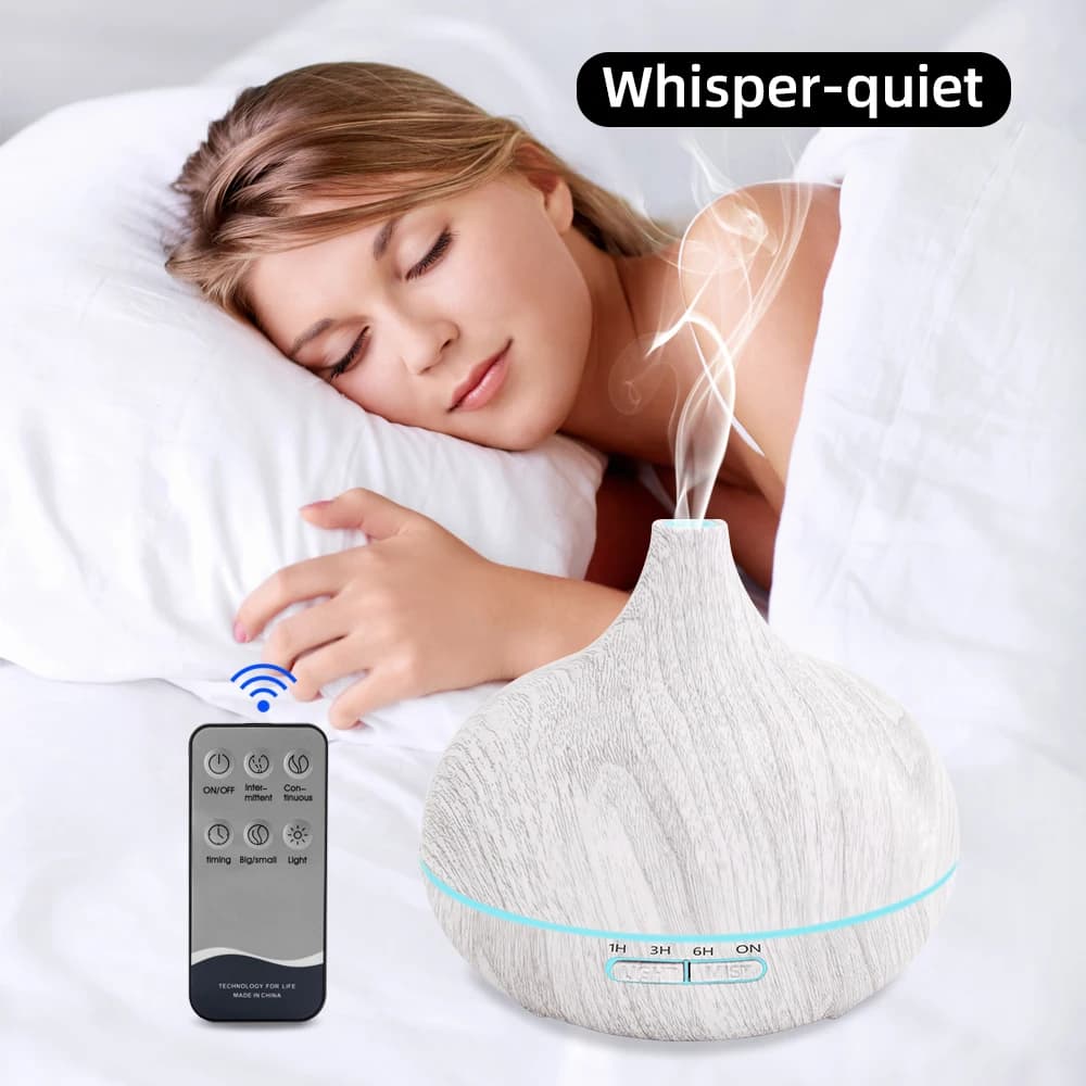 Umidificatore ad ultrasuoni con diffusore di oli essenziali con venature del legno da 550 ml con telecomando e 6 bottiglie di olio