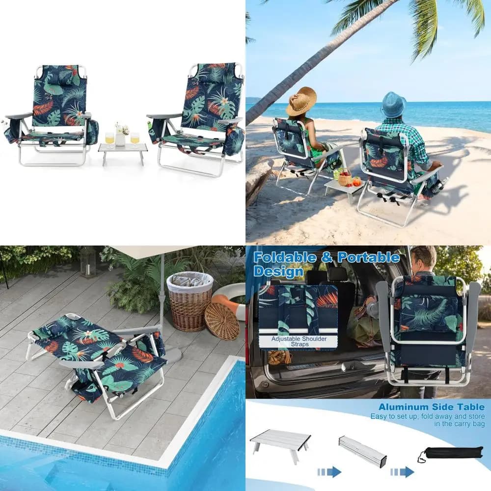 Sedia da spiaggia pieghevole a posizione regolabile con cuscino per la testa, borsa portaoggetti, portasciugamani, portabicchieri, sedia a sdraio da patio per rel esterno