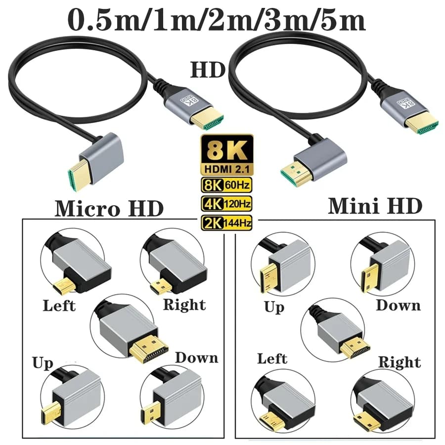 90 Degree Angle 8K 5K Micro HDMI To HDMI-compatible HDMI 2.1V Cable for TV PC Digital Camera Sony A6400 GH4 Tablet Hdmi Cable